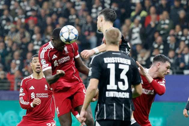 v l Ibrahima Konate Liverpool FC, 5 Goal scored, scored the goal to 1 3, celebrate the goal 22 10 2025, Football, Uefa Champions League, Eintracht Frankfurt Liverpool FC, GER, Frankfurt am Main, Deutsche Bank Park Copyright: HMBxMedia xHeikoxBecker