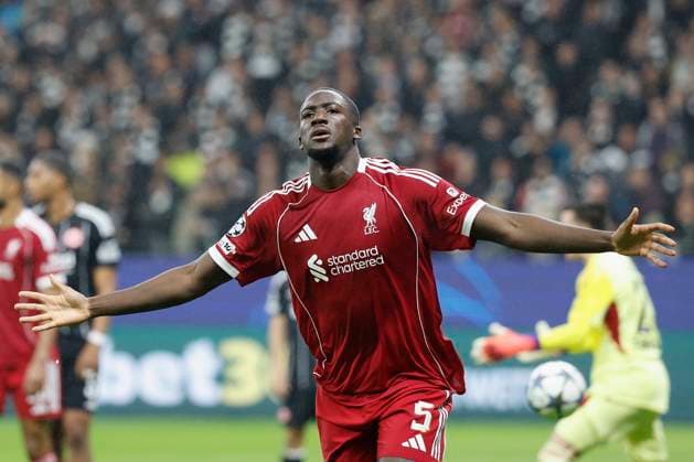 v l Goalscorer Ibrahima Konate Liverpool FC, 5 , cheering after his goal to 1 3, cheering, jubilant, jubilant, cheering, emotions 22 10 2025, Football, Uefa Champions League, Eintracht Frankfurt Liverpool FC, GER, Frankfurt am Main, Deutsche Bank Park Copyright: HMBxMedia xHeikoxBecker