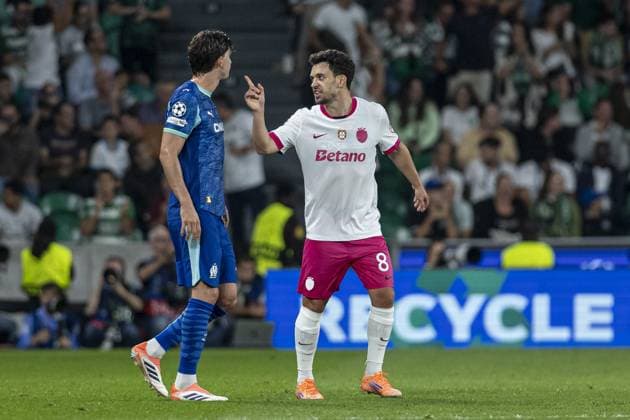 Pedro Goncalves 8 Sporting CP reacts during the UEFA Champions League match between Sporting CP vs Olympique de Marseille at Estadio Jose Alvalade on October 22nd,2025 (Photo by Joao Bravo Sports Press Photo) Copyright: xJoaoxBravox Sportspressphoto_SPR46407