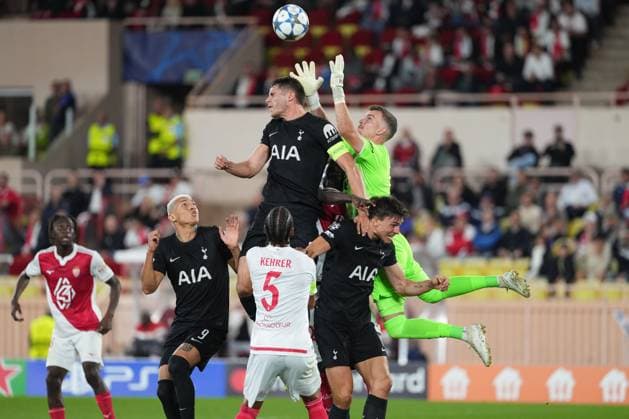 Micky van de Ven of Tottenham and goalkeeper Philipp Kohn of Monaco challenge for a high ball Monaco v Tottenham Hotspur, UEFA Champions League, Group Stage, Football, Stade Louis II, Monaco - 22 Oct 2025Monaco Stade Louis II Monaco EDITORIAL USE ONLY No use with unauthorised audio, video, data, fixture lists, club league logos or live services. Online in-match use limited to 120 images, no video emulation. No use in betting, games or single club league player publications. Copyright: xDavexWinter Shutterstockx 15552361by