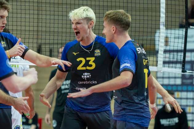 1 Volleyball Bundesliga Season 2025 2026 VC Bitterfeld Wolfen vs Helios Grizzlys Giesen Halle, Germany October 22, 2025 In the picture Samuel Schellenberg Bitterfeld Halle Saale SWH Arena Sachsen Anhalt Germany