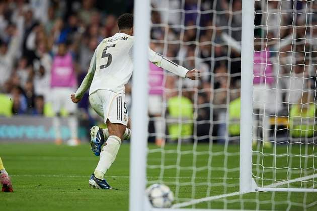 Jude Bellingham (Real Madrid CF) celebrates after scoring his team?s first goal during the UEFA Champions League 2025 26 League Phase MD3 match between Real Madrid C.F. v Juventus at Estadio Santiago Bernabeu on October 22, 2025 in Madrid, Spain. (Photo by Manu Reino DeFodi Images) Jude Bellingham Real Madrid CF celebrates after scoring his team?s first goal during the UEFA Champions League 2025 26 League Phase MD3 match between Real Madrid C F v Juventus at Estadio Santiago Bernabeu on October 22, 2025 in Madrid, Spain Photo by Manu Reino DeFodi Images