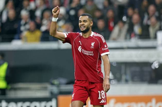 22 10 2025, xovx, Football UEFA Champions League, Eintracht Frankfurt FC Liverpool FC Cody Gakpo FC cheers after scoring the 1 4 DFL DFB REGULATIONS PROHIBIT ANY USE OF PHOTOGRAPHS as IMAGE SEQUENCES and or QUASI VIDEO emspor Frankfurt am Main