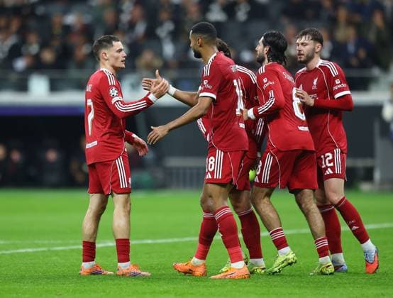 Cody Gakpo of Liverpool celebrates scoring his sides fourth goal with team-mate Florian Wirtz of Liverpool Eintracht Frankfurt v Liverpool, UEFA Champions League, Group Stage, Football, Deutsche Bank Park, Frankfurt, Germany - 22 Oct 2025Frankfurt Deutsche Bank Park Germany EDITORIAL USE ONLY No use with unauthorised audio, video, data, fixture lists, club league logos or live services. Online in-match use limited to 120 images, no video emulation. No use in betting, games or single club league player publications. Copyright: xMichaelxZemanek Shutterstockx 15558828az