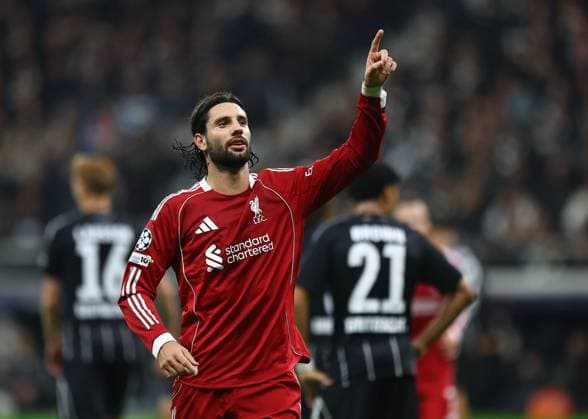 Dominik Szoboszlai of Liverpool celebrates scoring his sides fifth goal Eintracht Frankfurt v Liverpool, UEFA Champions League, Group Stage, Football, Deutsche Bank Park, Frankfurt, Germany - 22 Oct 2025Frankfurt Deutsche Bank Park Germany EDITORIAL USE ONLY No use with unauthorised audio, video, data, fixture lists, club league logos or live services. Online in-match use limited to 120 images, no video emulation. No use in betting, games or single club league player publications. Copyright: xMichaelxZemanek Shutterstockx 15558828bc
