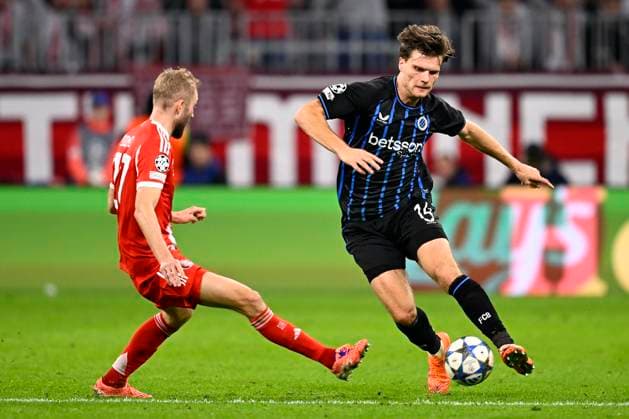 Bayern Munchen v Club Brugge - UEFA Champions League MUNICH, GERMANY - OCTOBER 22 : Meijer Bjorn defender of Club Brugge is challenged by Laimer Konrad midfielder of Bayern Munchen during the UEFA Champions League 2025 26 League Phase MD3 match between Bayern Munchen and Club Brugge on October 22, 2025 in Munich, Germany, 22 10 2025 Munich Germany  Copyright: xTomasxSiskx