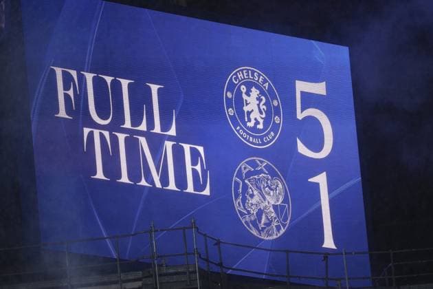 LONDON , 22-10-2025 , Stamford Bridge , season 2025 2026 , UEFA Champions League football , League phase Matchday 3 , match between Chelsea and Ajax , picture shows 5-1 fulltime, scorebord Chelsea - Ajax  x31645468x Copyright:
