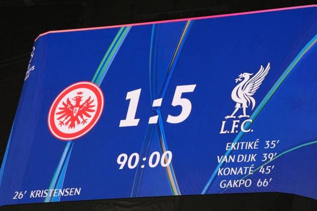 Final score at Frankfurt Deutsche Bank Park 1 5 between Eintracht Frankfurt and Liverpool FC Frankfurt 22 10 2025 Eintracht Frankfurt vs Liverpool FC, Deutsche Bank Park, UEFA Champions League