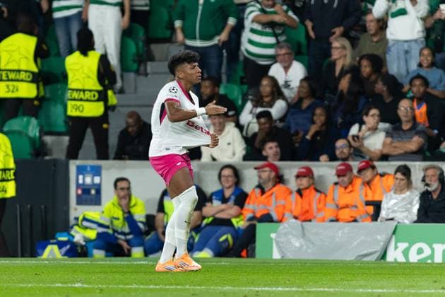 October 22, 2025, Lisbon, Lisbon, Portugal: Sporting forward from Brazil ALISSON SANTOS (27) celebrating after scoring a goal during the game for the Matchday 3 of Group Phase for the UEFA Champions League between Sporting and Marseille at Estadio Jose de Alvalade Lisbon Portugal - ZUMAs359 20251022_zsp_s359_045 Copyright: xAlexandrexdexSousax