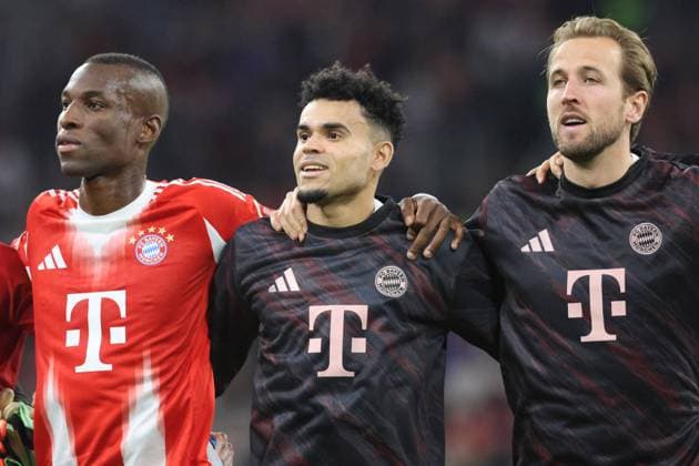 f l 11 Nicolas Jackson, 14 Luis Diaz, 9 Harry Kane FCB cheer, cheer, final cheer Football FC Bayern Munich FC Bruges UEFA Champions League 22 10 2025 Allianz Arena PHOTO Mladen Lackovic LakoPress