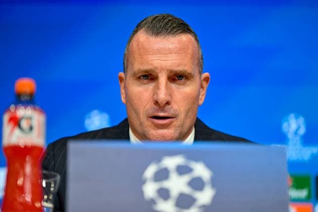 Coach Nicky HAYEN Headcoach, Coach, Club Brugge at the press conference, PK, Portrait, Portrait, Single image, Action, Action, 22 10 2025, Munich Germany , Football, UEFA Champions League, League Phase, FC Bayern München Club Brugge, THE EVENT REGULATIONS PROHIBIT ANY USE OF PHOTOGRAPHS AS IMAGE SEQUENCES AND OR QUASI VIDEOS xslx