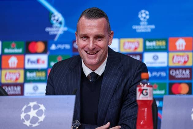 Head coach Nicky Hayen Club Brugge at the post-match press conference, FC Bayern Muenchen vs Club Brugge, Football, Men, UEFA Champions League, Season 2025 2026, Allianz Arena, Matchday 3, 22 10 2025 Muenchen Bayern Germany Copyright: xkolbert-press MartinxAgüerax
