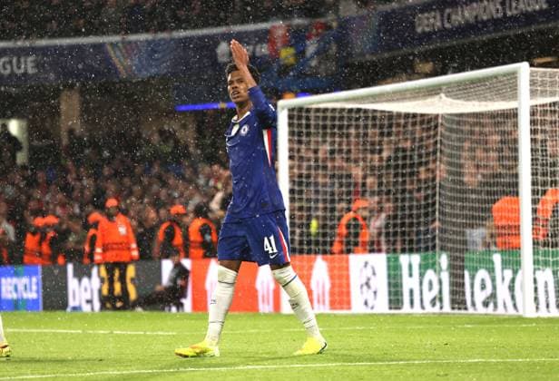 Estevao Willian (C) celebrates scoring the fourth Chelsea goal (4-1) at the Chelsea v Ajax UEFA Champions League match, at Stamford Bridge, London, UK on 22nd October, 2025. 