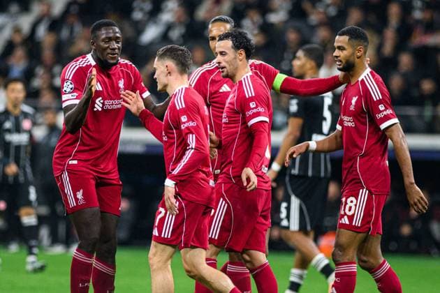FRANKFURT, GERMANY - 22 OCTOBER, 2025: Ibrahima Konate, Florian Wirtz, Virgil van Dijk, Cody Gakpo, Curtis Jones - UEFA Champions League, match SG Eintracht Frankfurt vs Liverpool FC at Deutsche Bank Park.  Copyright: xx