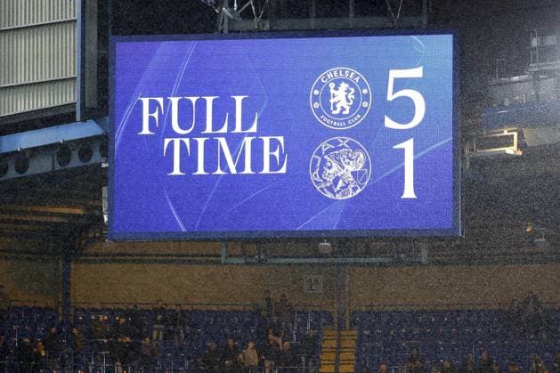 LONDON - Scoreboard showing the final score of Chelsea FC vs. AFC Ajax (5-1) after the UEFA Champions League match between Chelsea FC and AFC Ajax at Stamford Bridge on October 22, 2025, in London, United Kingdom. ANP MAURICE VAN STEEN UEFA Champions League 2025-2026 xVIxANPxSportx xxANPxIVx 540009320 originalFilename: 540009320.jpg