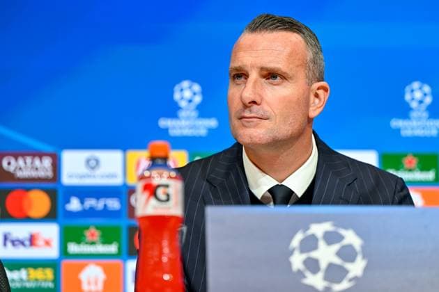 Coach Nicky HAYEN Headcoach, Coach, Club Brugge at the press conference, PK, Portrait, Portrait, Single image, Action, Action, 22 10 2025, Munich Germany , Football, UEFA Champions League, League Phase, FC Bayern München Club Brugge, THE EVENT REGULATIONS PROHIBIT ANY USE OF PHOTOGRAPHS AS IMAGE SEQUENCES AND OR QUASI VIDEOS xslx