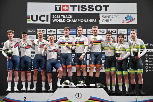 2025 Tissot UCI Track World Championships Picture by Simon Wilkinson SWpix.com - 22 10 2025 - Cycling - 2025 Tissot UCI Track World Championships - Velodromo PenalolÃ n, Santiago, Chile - Men™s Team Sprint Podium - Roy van den Berg (Netherlands), Harrie Lavreysen (Netherlands), Jeffrey Hoogland (Netherlands) receiving the Gold Medal to become World Champions, Joseph Truman (Great Britain), Matthew Richardson (Great Britain), Harry Ledingham-Horn (Great Britain), Hamish Turnbull (Great Britain) receiving the Silver Medals and Ryan Elliott (Australia), Leigh Hoffman (Australia), Daniel Barber (Australia) receiving the Bronze Medals Copyright: x xSWpix.comx(t axPhotographyxHubxLtd)xSimonxWilkinson SWpix.comx SWP-3030-10601