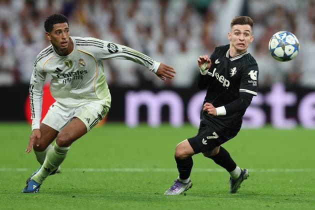 ESP: Real Madrid v Juventus. UEFA Champions League. Matchday 3. Francisco Conceicao of Juventus FC and Jude Bellingham of Real Madrid CF during the UEFA Champions League match, between Real Madrid and Juventus, matchday 3, played at Santiago Bernabeu Stadium on October 22, 2025 in Madrid, Spain. kpng Copyright: xMiguelxMarruffox xPRESSINx Real_Madrid_vs_Juventus_06081