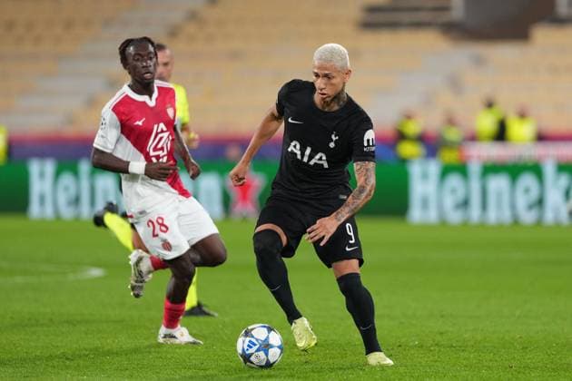 Richarlison of Tottenham Monaco v Tottenham Hotspur, UEFA Champions League, Group Stage, Football, Stade Louis II, Monaco - 22 Oct 2025Monaco Stade Louis II Monaco EDITORIAL USE ONLY No use with unauthorised audio, video, data, fixture lists, club league logos or live services. Online in-match use limited to 120 images, no video emulation. No use in betting, games or single club league player publications. Copyright: xDavexWinter Shutterstockx 15552361hv