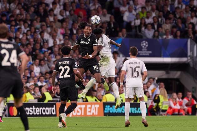 October 22, 2025, Madrid, Spain: Khephren Thuram (L) of Juventus FC and Aurelien Tchouameni (R) of Real Madrid CF seen in action during the UEFA Champions League 2025 2026 first round day 3 football match between Real Madrid CF and Juventus FC at Santiago Bernabeu Stadium. Final score Real Madrid CF 1 : 0 Juventus FC Madrid Spain - ZUMAs197 20251022_aaa_s197_402 Copyright: xFedericoxTitonex