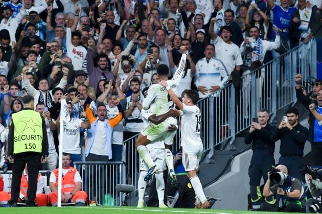 (251023) -- MADRID, Oct. 23, 2025 -- Players of Real Madrid celebrate a goal during the UEFA Champions League football match between Real Madrid and Juventus, at Santiago Bernabeu Stadium, Madrid, Spain, on Oct. 22, 2025. (Photo by Xinhua) (SP)SPAIN-MADRID-FOOTBALL-UEFA CHAMPIONS LEAGUE-REAL MADRID VS JUVENTUS GustavoxValiente 