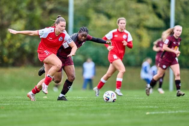 23 10 2025, GER, womens soccer, test match, 2025 2026, RB Leipzig Turbine Potsdam Persis Oteng 9, RB Leipzig , action, duel for ball Leipzig Sports School Egidius Braun Saxony Germany
