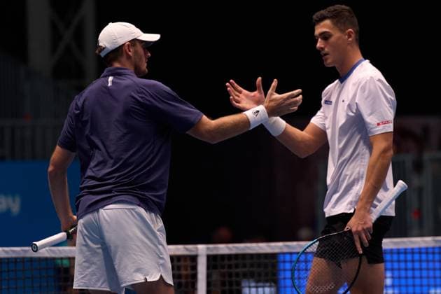 Robert Galloway of Unites States and Alexander Erler of Austria celebrate their round of 16 win against Maximo Gonzalez and AndrÃ s Molteni of Argentina of Erste Bank Open 2025 at Marx Halle on October 23, 2025 in Vienna, Austria. (Photo by Camilla Stolen, Imago) Vienna Austria Copyright: xCamillaxStolenx L1071716