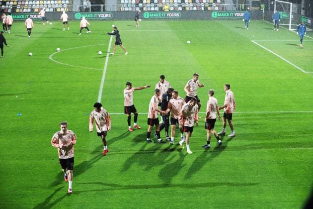 HNK Rijeka v AC Sparta Praha: UEFA Conference League Players of Sparta Praha warms up prior to the UEFA Conference League group phase matchday 2 between HNK Rijeka and AC Sparta Praha at HNK Rijeka Stadium on October 23, 2025. in Rijeka, Croatia.  GoranxKovacic PIXSELL