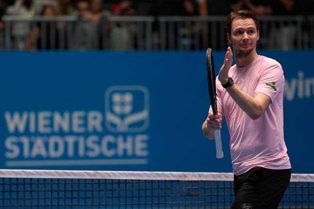 Alexander Bublik of Kazakhstan celebrates his round of 16 win over Francisco Cerundolo of Argentina at Erste Bank Open 2025 at Marx Halle on October 23, 2025 in Vienna, Austria. (Photo by Camilla Stolen, Imago) Vienna Austria Copyright: xCamillaxStolenx L1072100