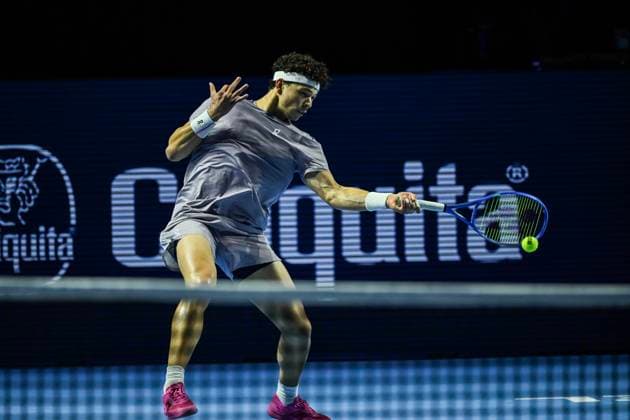23rd October 2025; St. Jakobshalle, Basel, Switzerland; 2025 ATP, Tennis Herren Swiss Indoor Tennis Day 5; Ben Shelton (USA) in action during the match against Jaume Munar (ESP) in the second round  DavidxEmm