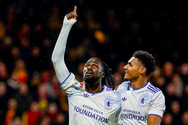 Evann Guessand of Aston Villa FC celebrates with teammates after scoring his teams first goal Go Ahead Eagles v Aston Villa FC, UEFA Europa League 2025 26 League Phase MD3, Go Ahead Eagles v Aston Villa FC, Stadion De Adelaarshorst, October 23, 2025, Deventer, Netherlands.