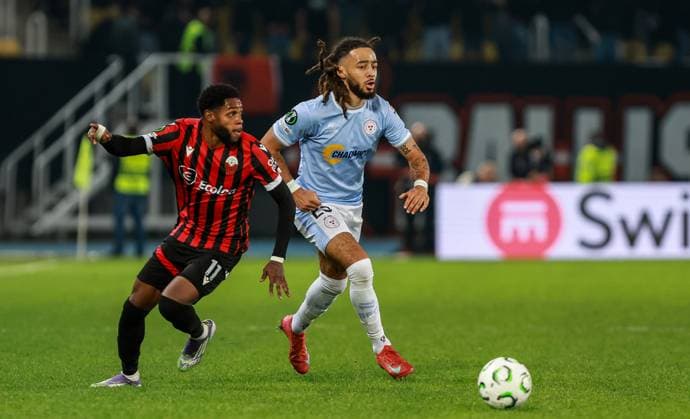 UEFA Europa Conference League Group Phase, Todor Proeski Arena, North Macedonia 23 10 2025 Shkendija vs Shelbourne Ronaldo Webster of Shkendija with Milan Mbeng of Shelbourne Ronaldo Webster with Milan Mbeng 23 10 2025  Copyright: x INPHOx 0B1A7594