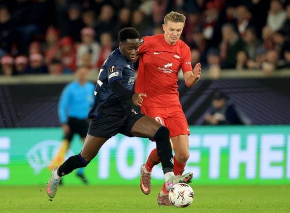 Djeidi Gassama of Rangers in action against Emil Kornvig of Brann Brann v Rangers, UEFA Europa League, Group Stage, Football, Brann Stadion, Bergen, Norway - 23 Oct 2025Bergen Brann Stadion Norway EDITORIAL USE ONLY No use with unauthorised audio, video, data, fixture lists, club league logos or live services. Online in-match use limited to 120 images, no video emulation. No use in betting, games or single club league player publications.  Copyright: xGeorgexTewkesbury Shutterstockx 15567765bn