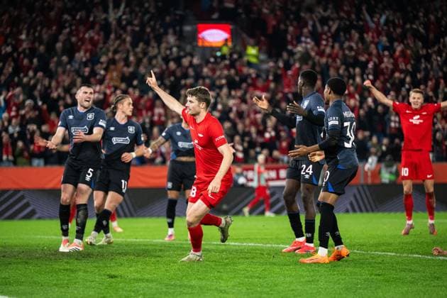 251023 Jacob Ebsen Sorensen of Brann celebrates after 2 0 during the UEFA Europa League football match between Brann and Rangers on October 23, 2025 in Bergen Photo Marius Simensen BILDBYRAN COP 238 MM0046 fotboll football soccer fotball uefa europa league brann rangers bbeng jubel  Copyright: MARIUSxSIMENSEN BB251023BB910