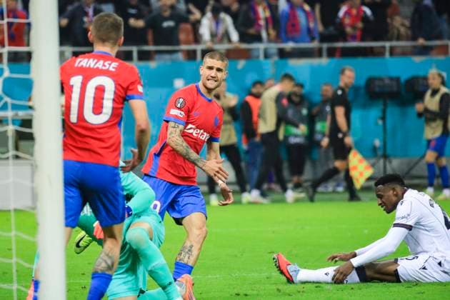 October 23, 2025, UEFA EUROPA LEAGUE, League phase, Matchday 3, FCSB vs Bologna, Bucharest, National Arena Stadium 9 Daniel Birligea scores his side first goal of the match and celebrates with team mates