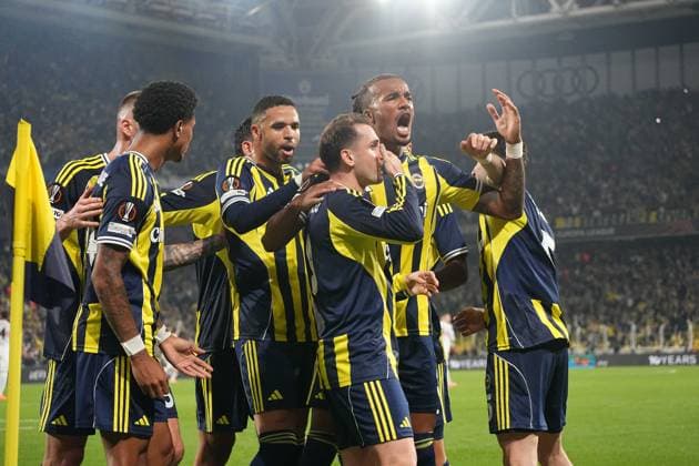 Kerem Akturkoglu of Fenerbahce celebrates his goal with teammates during the UEFA Europa League league phase match between Fenerbahce SK and VfB Stuttgart, in Istanbul, Turkey, 23 October 2025. ( Copyright: DepoxPhotos 18870443