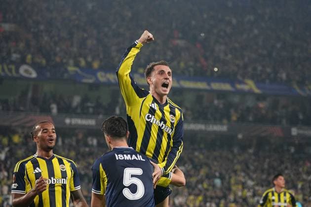 Kerem Akturkoglu of Fenerbahce celebrates his goal with teammates during the UEFA Europa League league phase match between Fenerbahce SK and VfB Stuttgart, in Istanbul, Turkey, 23 October 2025. ( Copyright: DepoxPhotos 18870445