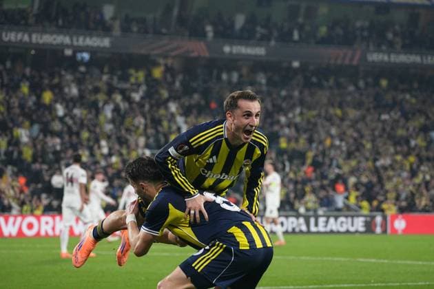 Kerem Akturkoglu of Fenerbahce celebrates his goal with teammates during the UEFA Europa League league phase match between Fenerbahce SK and VfB Stuttgart, in Istanbul, Turkey, 23 October 2025. ( Copyright: DepoxPhotos 18870446