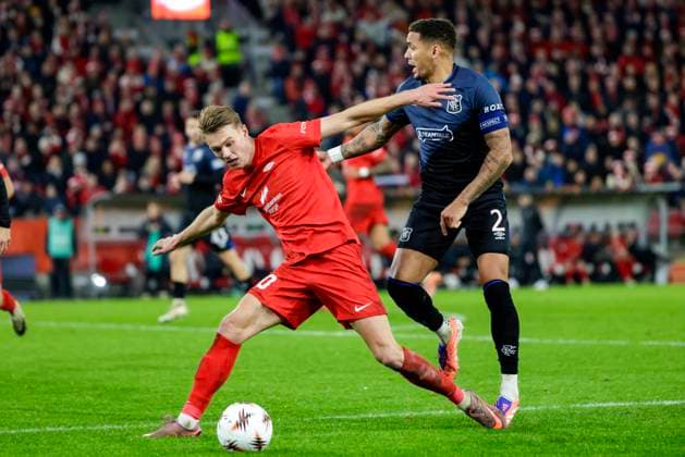 UEFA Europa League 2025 SK Brann and Rangers Bergen 20251023 Brann s Emil Kornvig and Rangers James Tavernier during the UEFA Europa Leauge match between SK Brann and Rangers at Brann Stadium Photo Paul S Amundsen NTB Bergen Norway EDITORIAL USE ONLY RESTRICTED USE FOR BETTING COMPANIES  Copyright: xPaulxS.xAmundsenx xNTBx