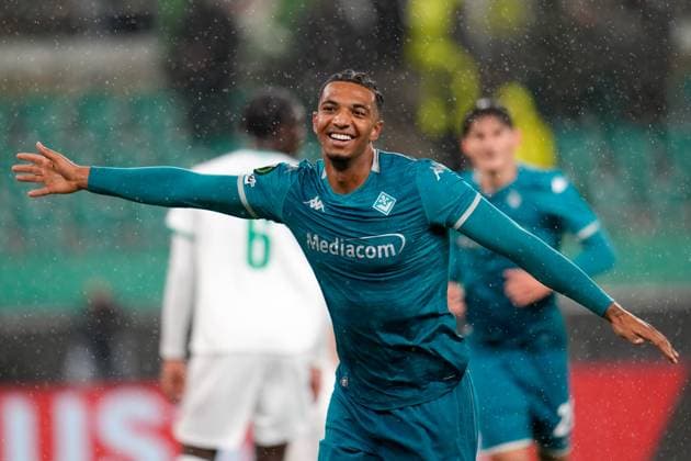 Cher Ndour 27 (ACF Fiorentina) reacts after scoring a goal to make it 1-0 during SK Rapid Wien vs ACF Fiorentina, UEFA Conference League football match in Vienna, Austria, October 23 2025  Copyright: xScottxColeman IPAxSportx xipa-agency.netx xx IPA_66982831 IPA_Agency_IPA66982831