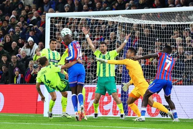 Enric Saborit of AEK Larnaca clears ahead of Jean-Philippe Mateta of Crystal Palace Crystal Palace v AEK Larnaca, UEFA Conference League, Group Stage, Football, Selhurst Park, London, UK - 23 Oct 2025London Selhurst Park United Kingdom EDITORIAL USE ONLY No use with unauthorised audio, video, data, fixture lists, club league logos or live services. Online in-match use limited to 120 images, no video emulation. No use in betting, games or single club league player publications. Copyright: xSimonxDael Shutterstockx 15567836g