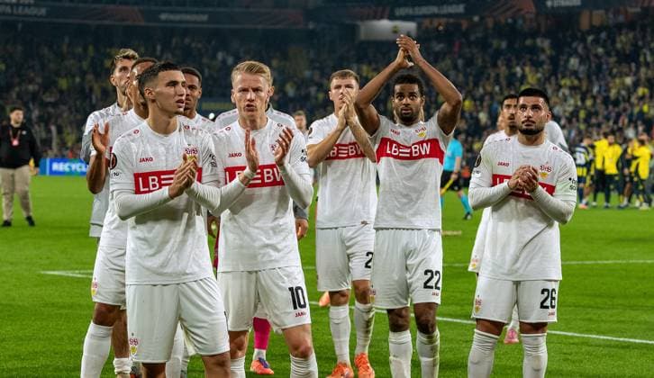 Istanbul , Europa League Fenerbahce Istanbul vs VfB Stuttgart , Disappointment VfB , , from left Bilal El Khannouss Chris Führich Lorenz Assignon Deniz Undav
