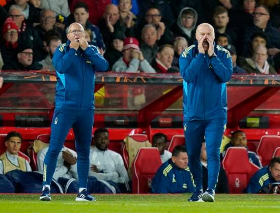 Nottingham, England, 23rd October 2025. Sean Dyche shouts from the touchline during the Nottingham Forest vs FC Porto UEFA Europa League match at the City Ground, Nottingham. Picture credit should read: Andrew Yates Sportimage EDITORIAL USE ONLY. No use with unauthorised audio, video, data, fixture lists, club league logos or live services. Online in-match use limited to 120 images, no video emulation. No use in betting, games or single club league player publications. SPI_022_AY_Forest_Porto SPI-4232-0022
