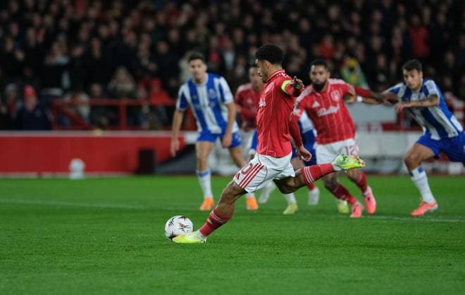 Morgan Gibbs-White of Nottingham Forest scores from the penalty spot in the 19th minute 1-0 during the UEFA Europa league football match between Nottingham Forest and FC Porto at City Ground in Nottingham. Copyright: xPaulxBonser SportsxPressxPhotox Sportspressphoto_SPR46699