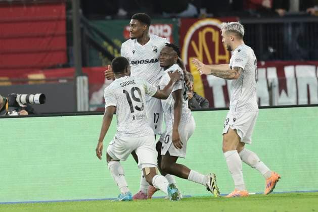 UEFA Europa League AS Roma vs FC Viktoria Plzen Viktoria Plzen s Sierra Leonean forward Prince Kwabena Adu celebrates after scoring a goal during UEFA Europa League first round day 3 football match AS Roma vs FC Viktoria Plzen at the Olimpic Stadium in Rome, on October 23, 2025. _BPH3646 Copyright: xAntonioxBalascox