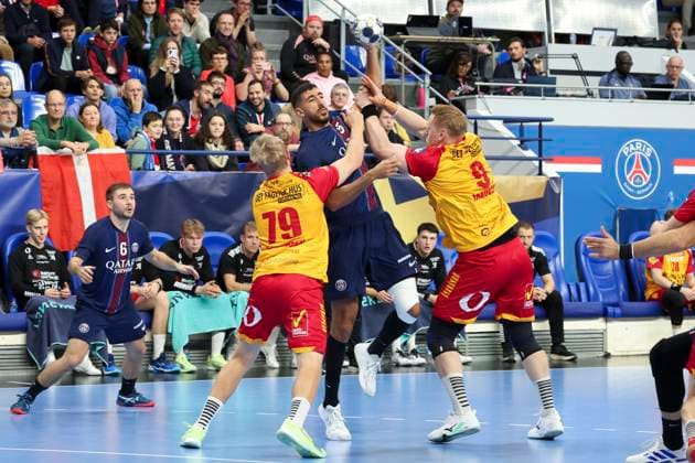 HANDBALL : Paris Saint Germain Vs Gog - Ligue des Champions - 23 10 2025 Yahia Omar (Paris Saint Germain) Vs Emil Tonnesen (Gog) - Henrik Jakobsen (Gog) ParisFrance  Copyright: xMichaelxBaucherx