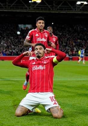 Nottingham, England, 23rd October 2025. Morgan Gibbs White of Nottingham Forest celebrates scoring the first goal from a penalty during the Nottingham Forest vs FC Porto UEFA Europa League match at the City Ground, Nottingham. Picture credit should read: Andrew Yates Sportimage EDITORIAL USE ONLY. No use with unauthorised audio, video, data, fixture lists, club league logos or live services. Online in-match use limited to 120 images, no video emulation. No use in betting, games or single club league player publications. SPI_027_AY_Forest_Porto SPI-4232-0027