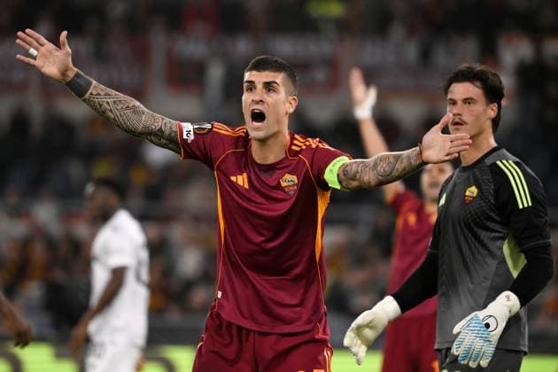 Gianluca Mancini of AS Roma reacts during the UEFA Europa League 2025 2026 football match between AS Roma and Viktoria Plzen at Stadio Olimpico in Rome (Italy), October 23, 2025. andreaxstaccioli