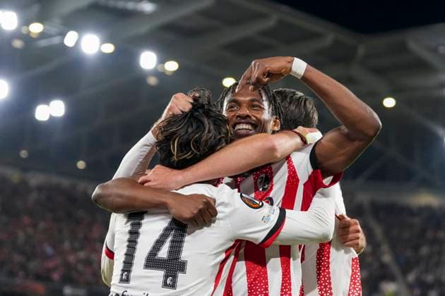 Yuito Suzuki SC Freiburg, 14 and Junior Adamu SC Freiburg, 20 goal celebration, emotions, goal shot, goal, goal, goal, Germany, football, UEFA Europa League, matchday 3, league phase, 2025 2026, SC Freiburg vs FC Utrecht, 23 10 2025, Europa Park Stadion, Freiburg, Germany Freiburg Europa Park Stadion Baden Württemberg Germany Copyright: xArnexAmbergx
