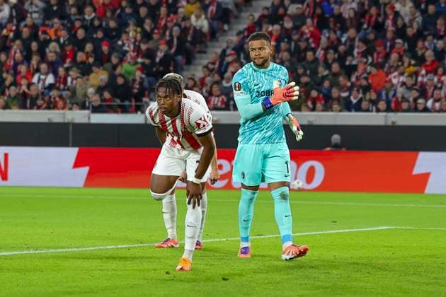 Junior Adamu SC Freiburg, 20 and Noah Atubolu SC Freiburg, 01 , Germany, UEFA Europa League, Matchday 3, 2025 2026, SC Freiburg vs FC Utrecht, 23 10 2025, Stadion am Wolfswinkel, Freiburg, Germany Freiburg Stadion am Wolfswinkel Baden Württemberg Germany Copyright: xGrantxHubbsx